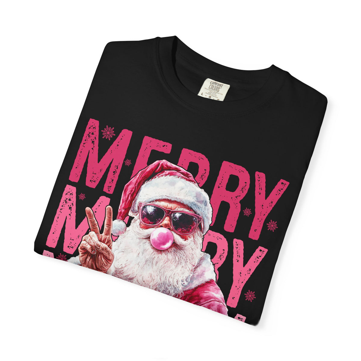Pink Merry Christmas Bubblegum Santa - Comfort Colors | Trendy Women's T-Shirt. Direct to Garment. Printed & Shipped in the USA. Unisex Sizes.