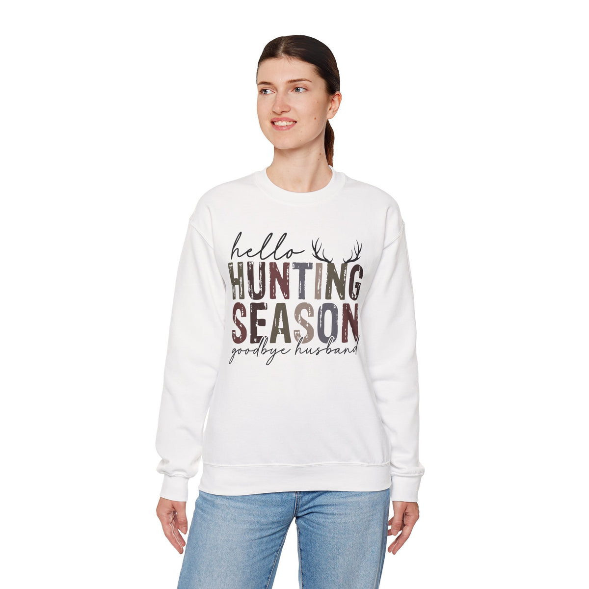 Hello Hunting Season Goodbye Husband Camouflage Wife – Gildan Heavy Blend | Trendy Women’s Soft Sweatshirt. Direct to Garment. Printed & Shipped in the USA. Unisex Sizes.
