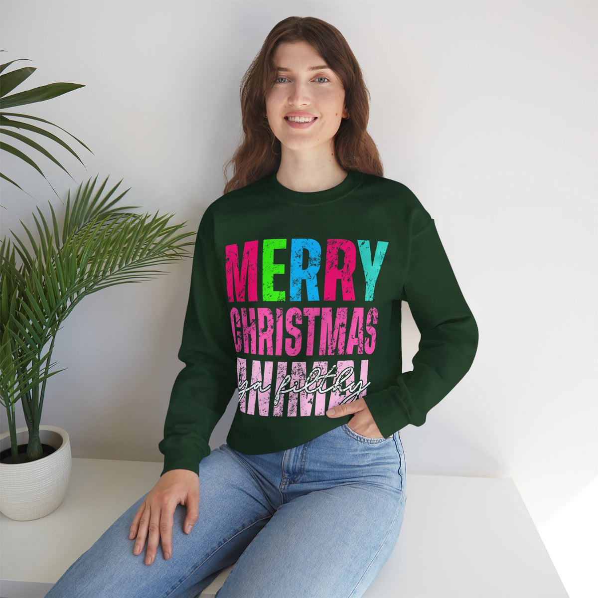 Merry Christmas Ya Filthy Animal – Gildan Heavy Blend | Trendy Women’s Soft Sweatshirt. Direct to Garment. Printed & Shipped in the USA. Unisex Sizes.