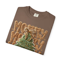 Merry Merry Merry Christmas, Faux Latch Hook Yarn - Comfort Colors | Trendy Women's T-Shirt. Direct to Garment. Printed & Shipped in the USA. Unisex Sizes.