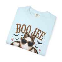 BooJee Ghost with Coffee - Halloween - Comfort Colors | Trendy Women's T-Shirt. Direct to Garment. Printed & Shipped in the USA. Unisex Sizes.