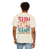 Sun Salt Sand, Beach Sunset - Front & Back Print - Comfort Colors | Trendy Women's and Men's T-Shirt. Direct to Garment. Printed & Shipped in the USA. Unisex Sizes.