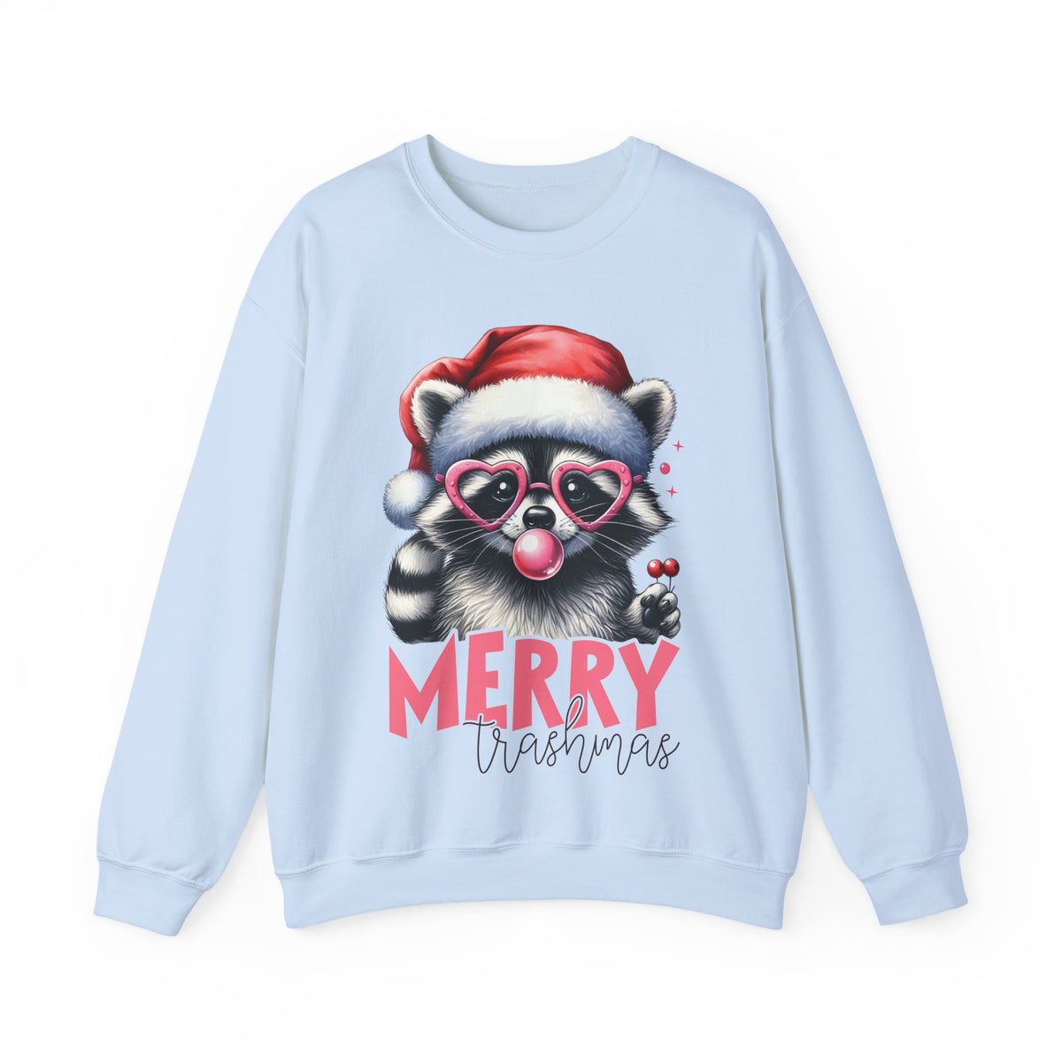 Merry Trashmas Bubblegum Raccoon w/Santa Hat Christmas – Gildan Heavy Blend | Trendy Women’s Soft Sweatshirt. Direct to Garment. Printed & Shipped in the USA. Unisex Sizes.