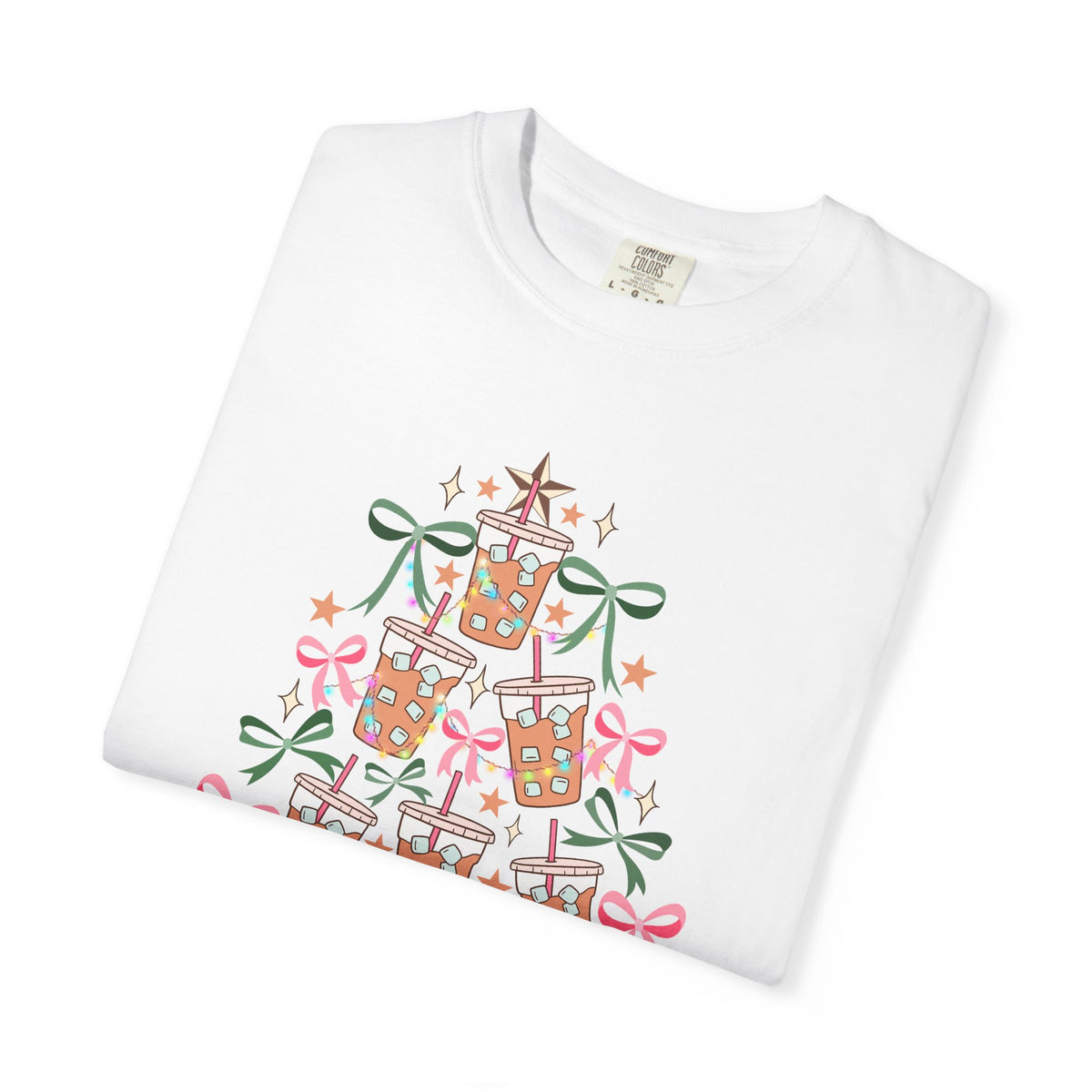 Merry and Caffeinated Iced Coffee Christmas Tree - Comfort Colors | Trendy Women's T-Shirt. Direct to Garment. Printed & Shipped in the USA. Unisex Sizes.