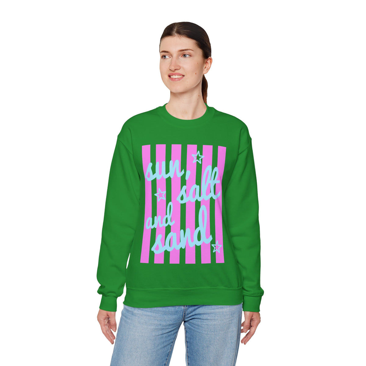 Sun, Salt and Sand – Gildan Heavy Blend | Trendy Women’s Soft Sweatshirt. Direct to Garment. Printed & Shipped in the USA. Unisex Sizes.