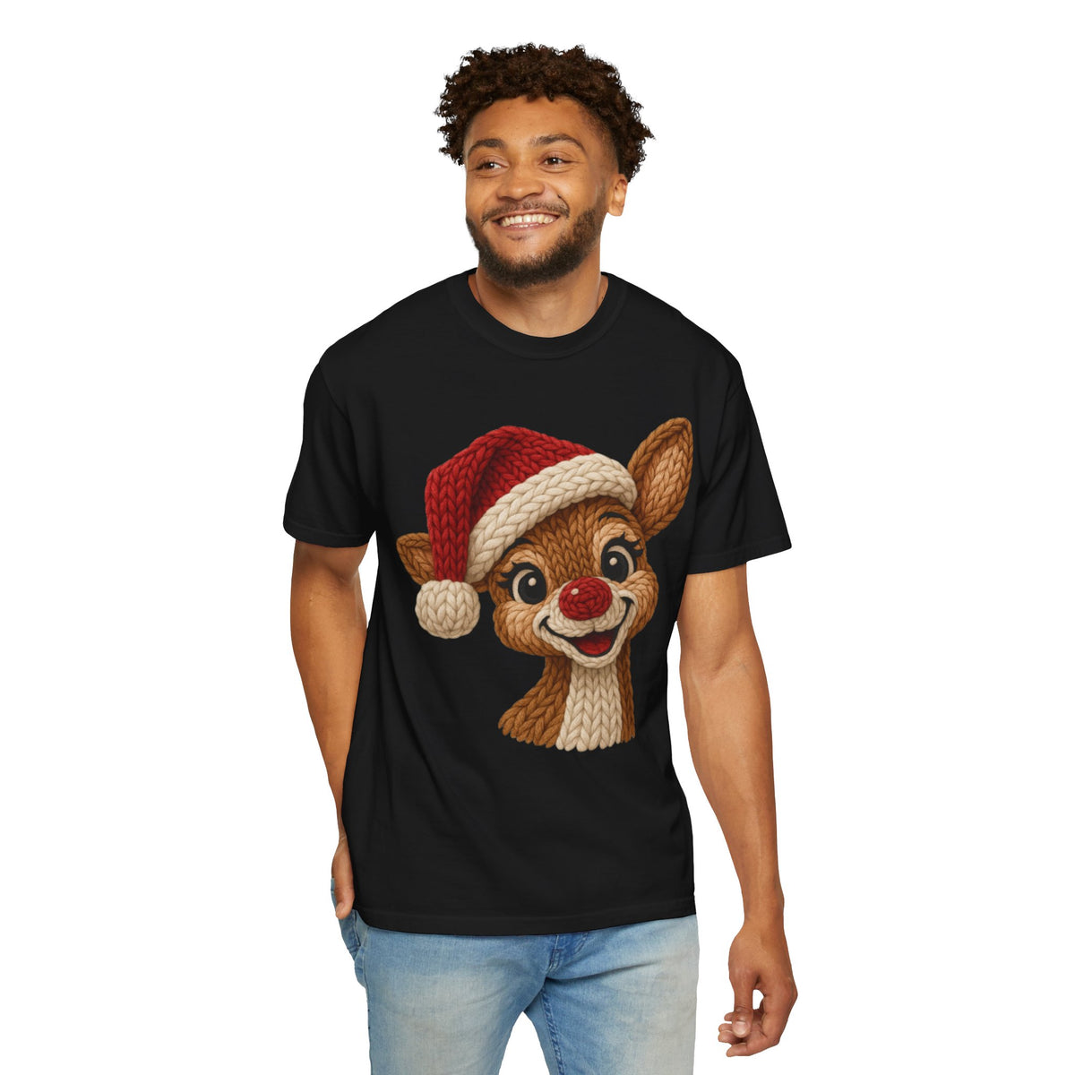 Cute Rudolph Faux Knit Look Reindeer w/Santa Hat - Comfort Colors | Trendy Women's T-Shirt. Direct to Garment. Printed & Shipped in the USA. Unisex Sizes.