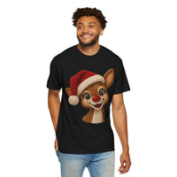Cute Rudolph Faux Knit Look Reindeer w/Santa Hat - Comfort Colors | Trendy Women's T-Shirt. Direct to Garment. Printed & Shipped in the USA. Unisex Sizes.