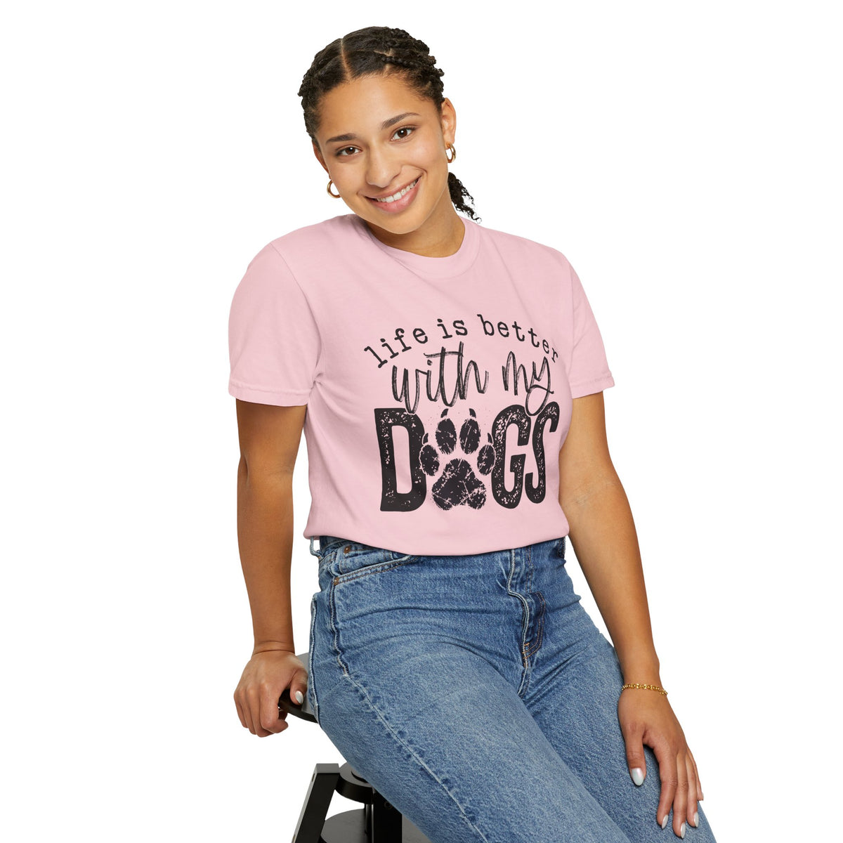 Life Is Better With My Dogs, Distressed - Comfort Colors | Trendy Women's and Men's T-Shirt. Direct to Garment. Printed & Shipped in the USA. Unisex Sizes.