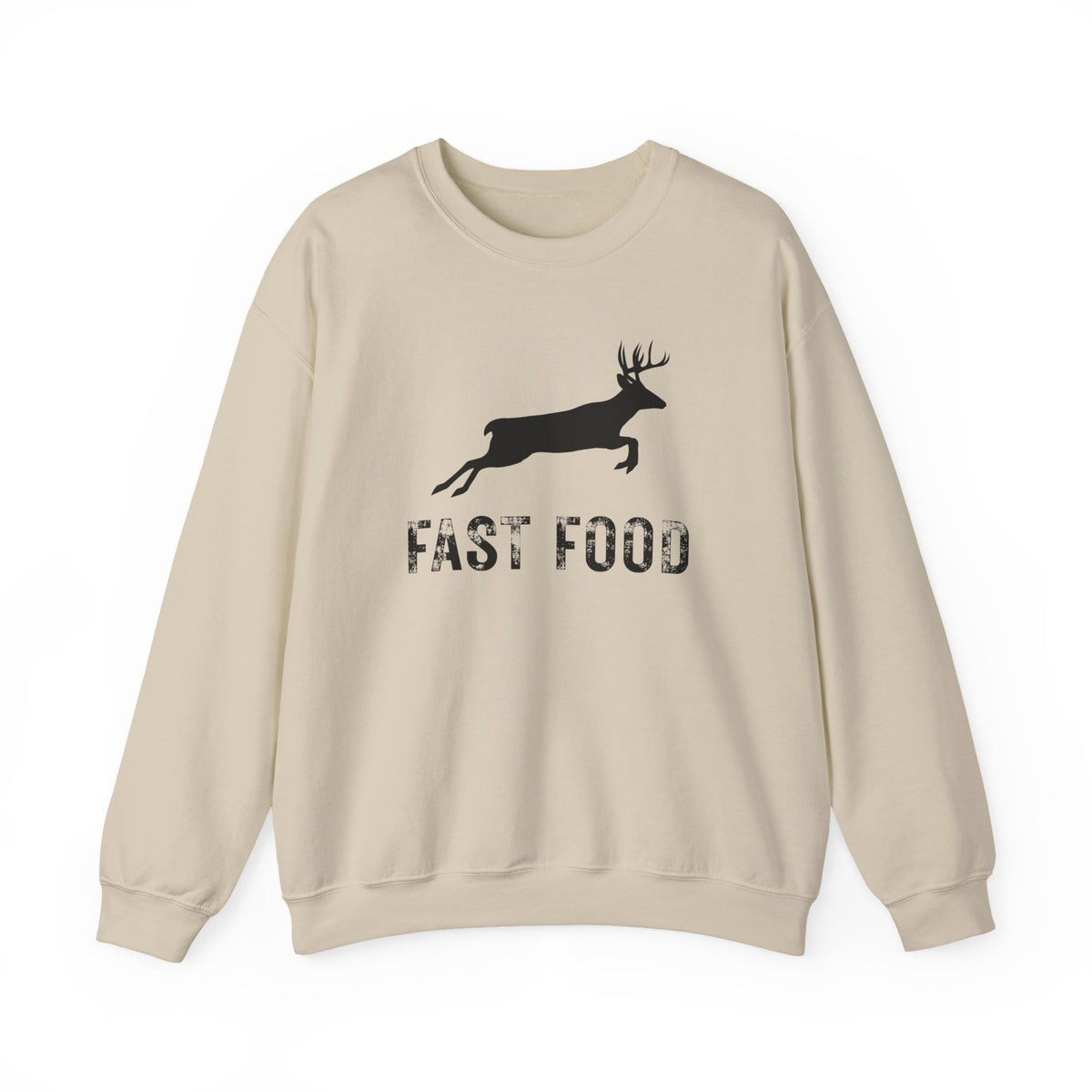 Fast Food Deer Hunting Humor Distressed – Gildan Heavy Blend | Trendy Men's and Women’s Soft Sweatshirt. Direct to Garment. Printed & Shipped in the USA. Unisex Sizes.