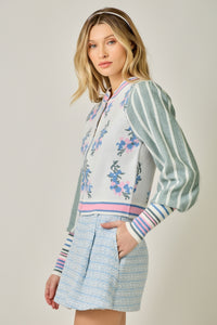 Floral Sweater Bomber Jacket w/Puff Sleeves