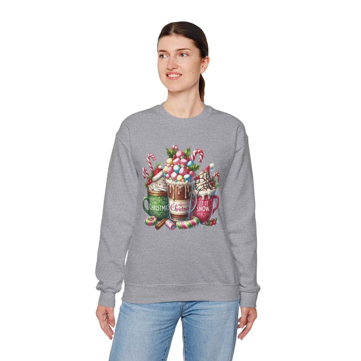 Hot Chocolate Mugs Christmas Hot Cocoa – Gildan Heavy Blend | Trendy Women’s Soft Sweatshirt. Direct to Garment. Printed & Shipped in the USA. Unisex Sizes.