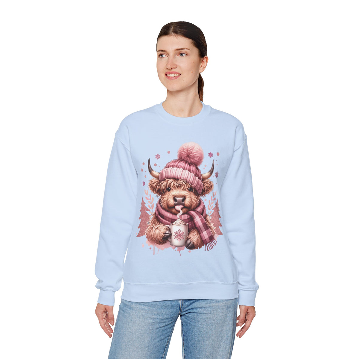 Cozy Highland Cow, Winter Coffee Mug & Scarf Pink – Gildan Heavy Blend | Trendy Women’s Soft Sweatshirt. Direct to Garment. Printed & Shipped in the USA. Unisex Sizes.