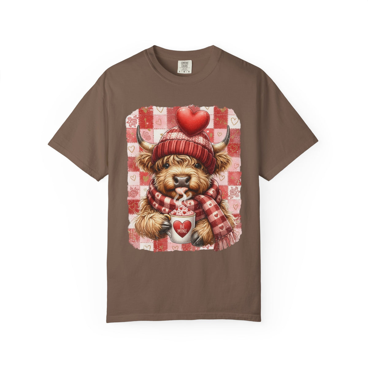 Highland Cow Be Mine, Red Checkered - Comfort Colors | Trendy Women's T-Shirt. Direct to Garment. Printed & Shipped in the USA. Unisex Sizes.