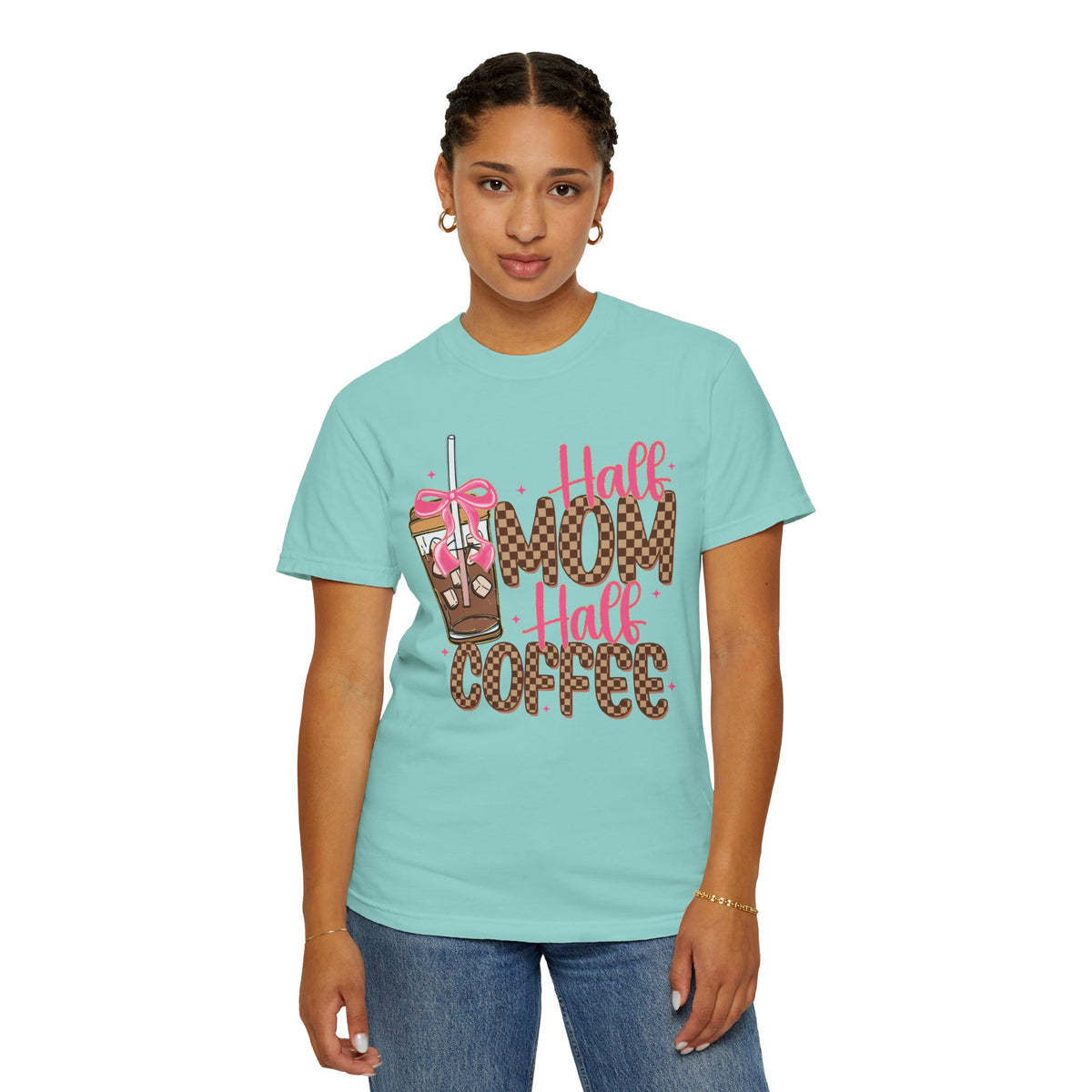 Half Mom Half Coffee. Cute Leopard Print Coffee Design - Comfort Colors | Trendy Women's T-Shirt. Direct to Garment. Printed & Shipped in the USA. Unisex Sizes.