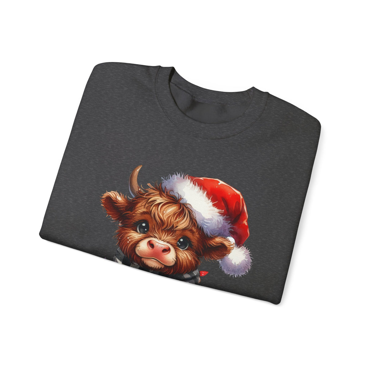 Cute Highland Cow Santa Hat Scarf Christmas Lights – Gildan Heavy Blend | Trendy Women’s Soft Sweatshirt. Direct to Garment. Printed & Shipped in the USA. Unisex Sizes.