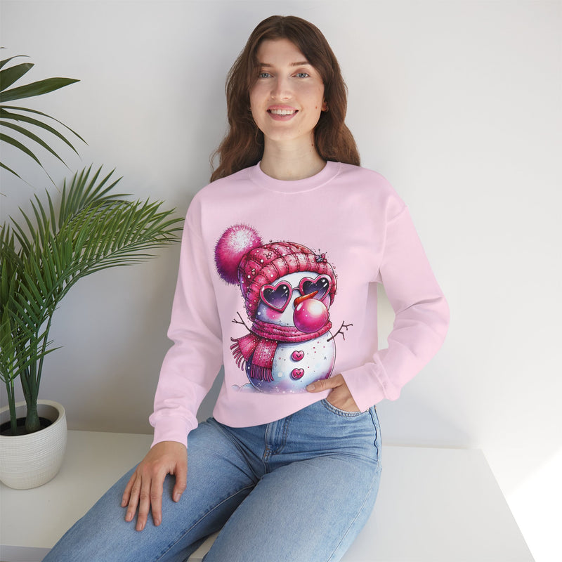 Pink Girly Snowman with Heart Sunglasses and Bubblegum - Winter – Gildan Heavy Blend | Trendy Women’s Soft Sweatshirt. Direct to Garment. Printed & Shipped in the USA. Unisex Sizes.