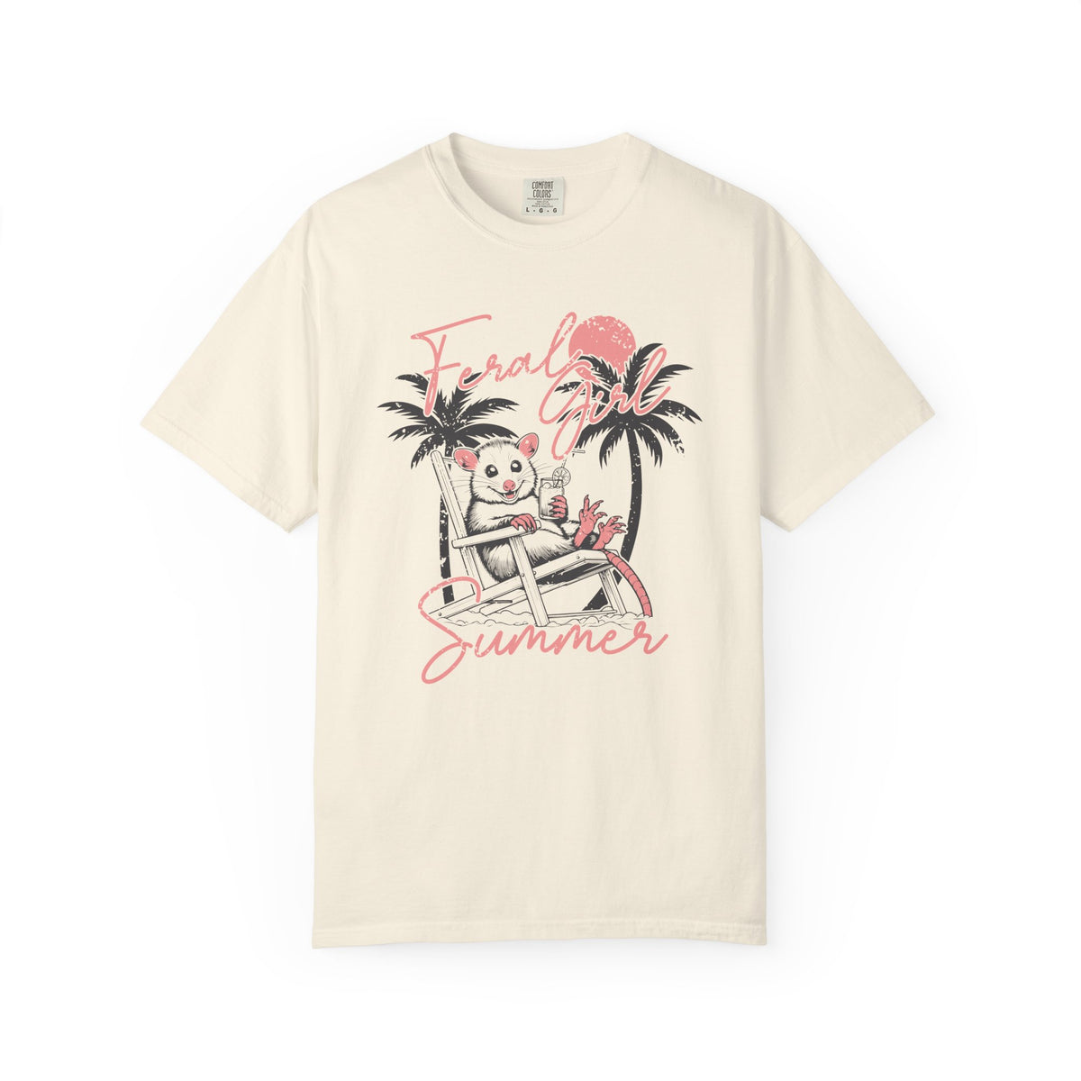 Feral Girl Summer, Possum on a Beach - Comfort Colors | Trendy Women's T-Shirt. Direct to Garment. Printed & Shipped in the USA. Unisex Sizes.