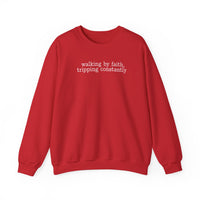 Walking By Faith, Tripping Constantly - Minimalist Design – Gildan Heavy Blend | Trendy Men's and Women’s Soft Sweatshirt. Direct to Garment. Printed & Shipped in the USA. Unisex Sizes.