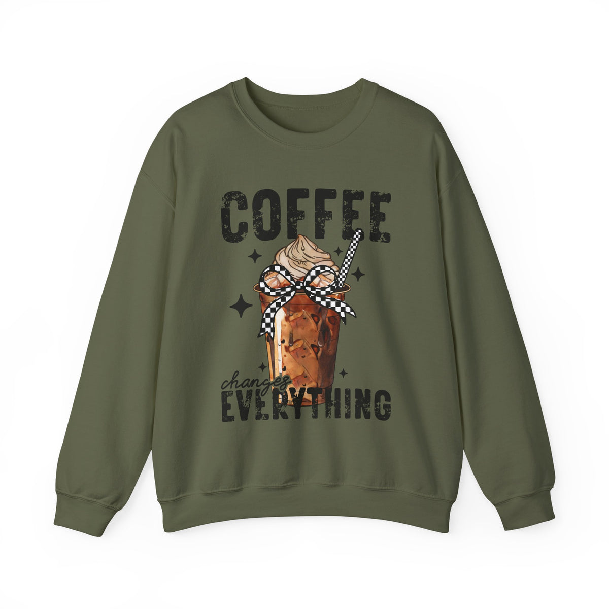 Coffee Changes Everything, Iced Coffee, Coffee Lovers – Gildan Heavy Blend | Trendy Women’s Soft Sweatshirt. Direct to Garment. Printed & Shipped in the USA. Unisex Sizes.
