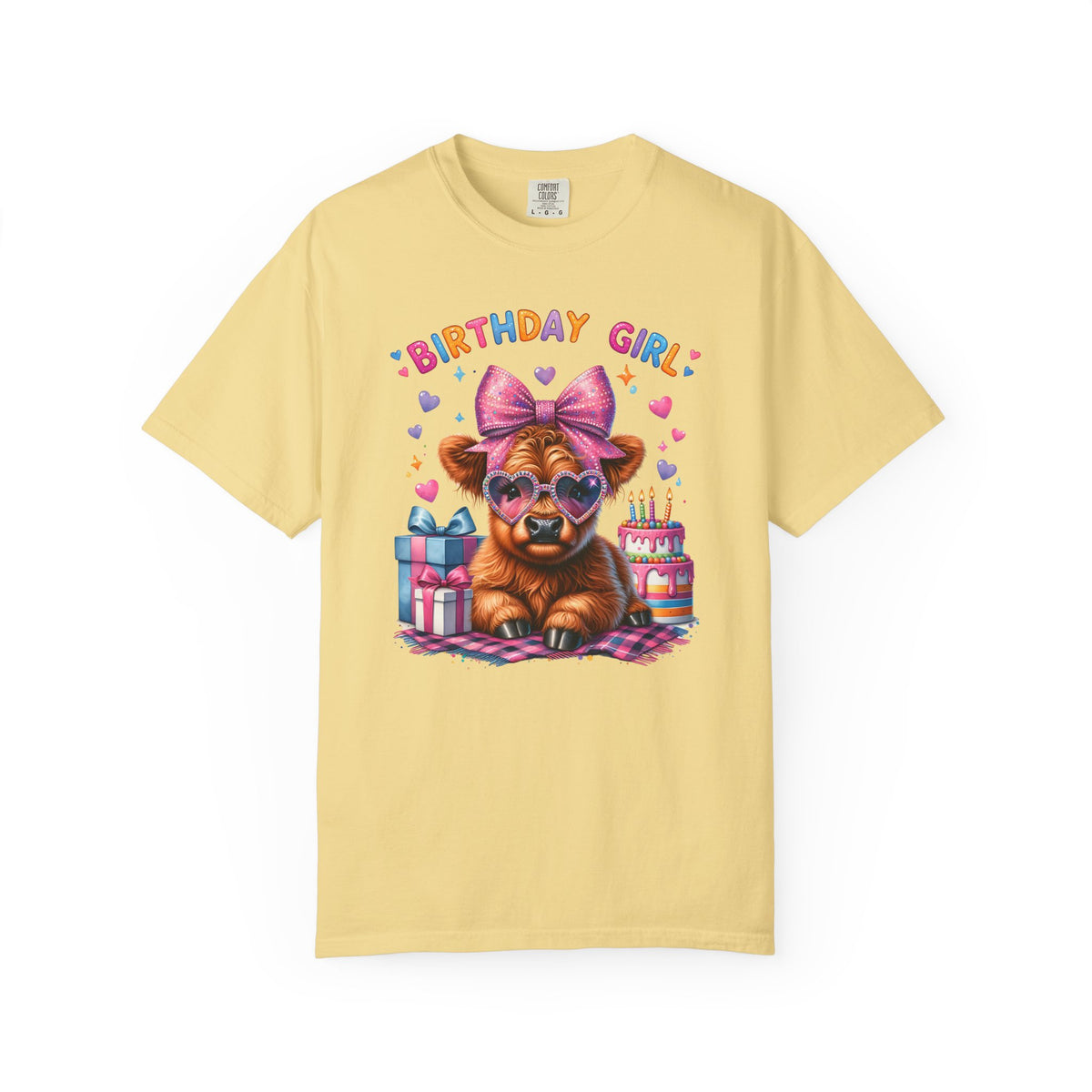 Birthday Girl, Highland Cow - Comfort Colors | Trendy Women's T-Shirt. Direct to Garment. Printed & Shipped in the USA. Unisex Sizes.
