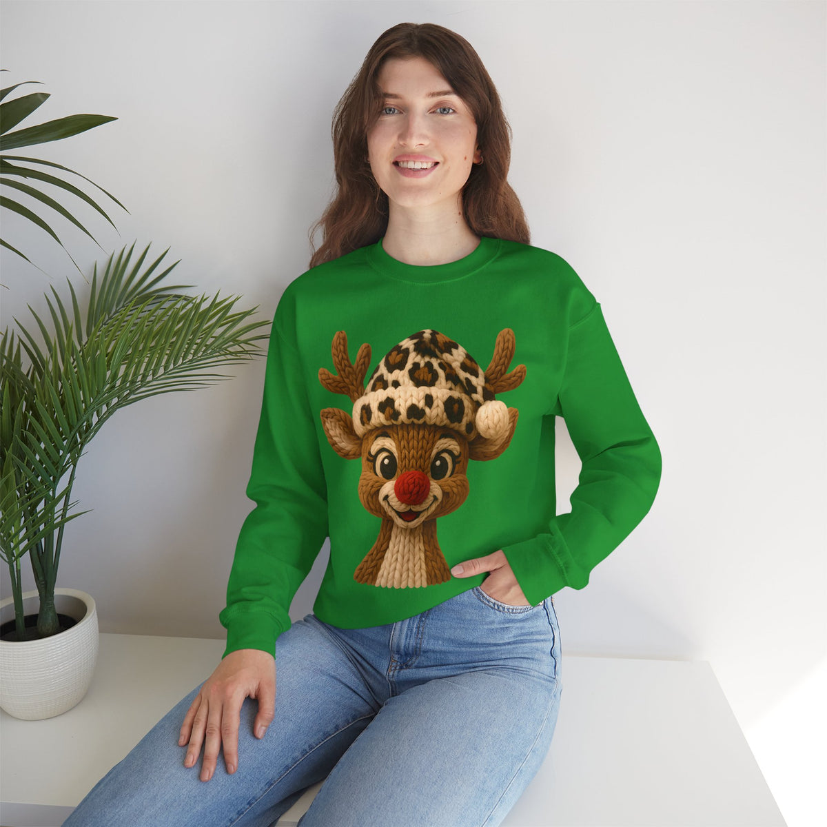 Rudolph Reindeer Leopard Santa Hat Christmas – Gildan Heavy Blend | Trendy Women’s Soft Sweatshirt. Direct to Garment. Printed & Shipped in the USA. Unisex Sizes.