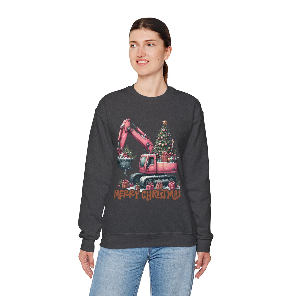 Excavator Merry Christmas Construction – Gildan Heavy Blend | Trendy Women’s Soft Sweatshirt. Direct to Garment. Printed & Shipped in the USA. Unisex Sizes.
