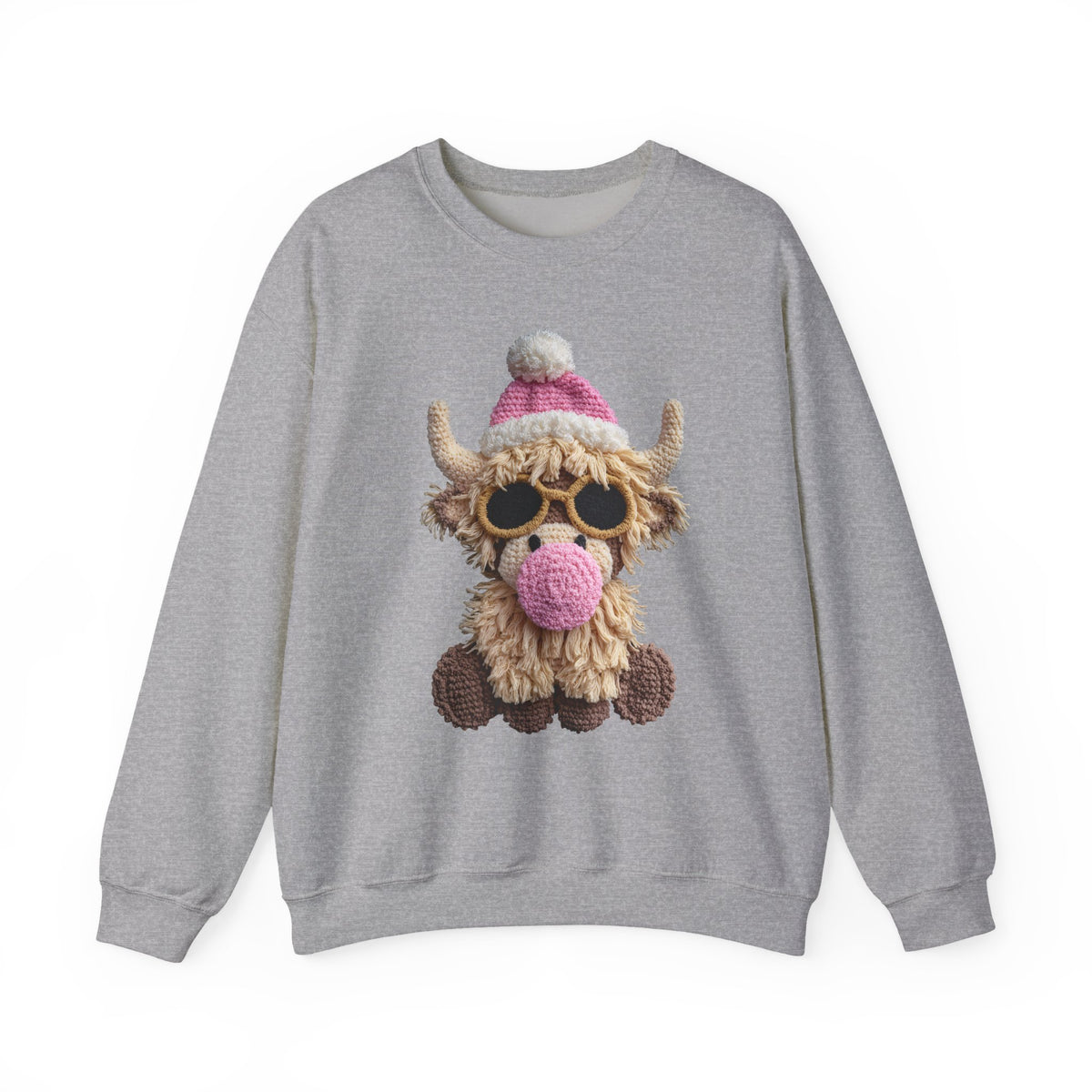 Faux Crochet Highland Cow Bubblegum – Gildan Heavy Blend | Trendy Women’s Soft Sweatshirt. Direct to Garment. Printed & Shipped in the USA. Unisex Sizes.
