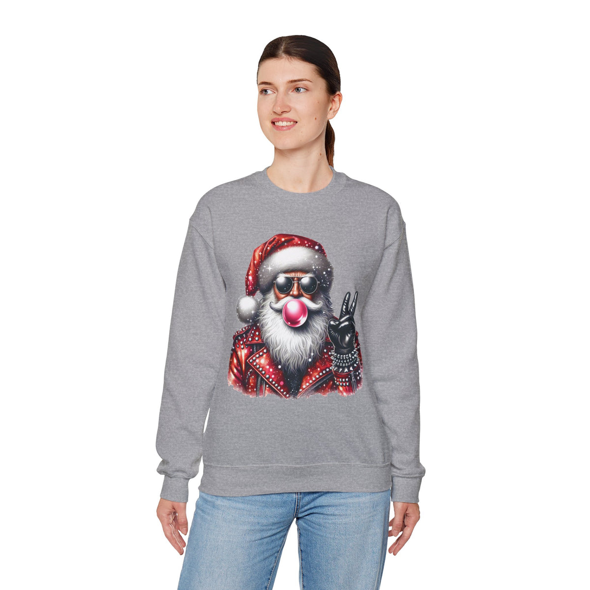 Biker Santa Leather Jacket Bubblegum – Gildan Heavy Blend | Trendy Women’s and Men's Soft Sweatshirt. Direct to Garment. Printed & Shipped in the USA. Unisex Sizes.