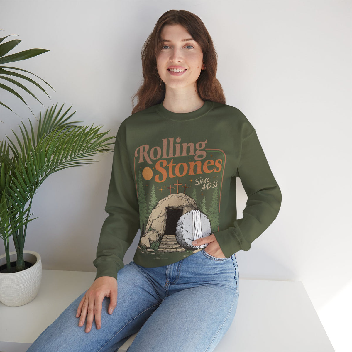 Rolling Stones "Since AD33" Easter Empty Tomb Christian – Gildan Heavy Blend | Trendy Men's and Women’s Soft Sweatshirt. Direct to Garment. Printed & Shipped in the USA. Unisex Sizes.