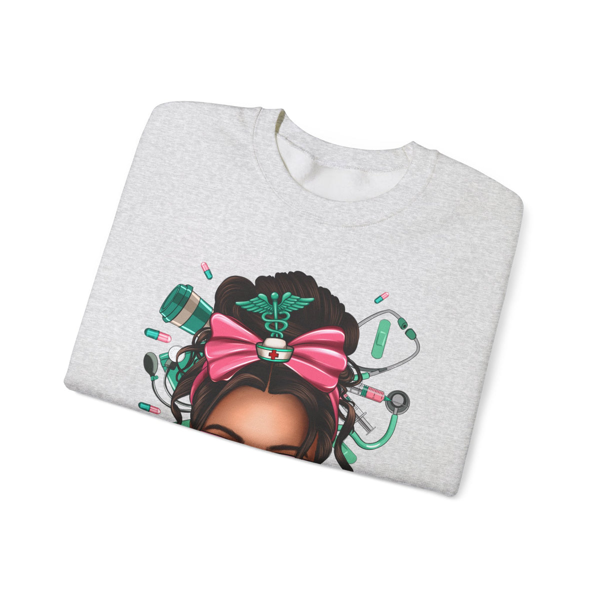 Nurse Life Messy Bun, Cute Stethoscope & Syringe – Gildan Heavy Blend | Trendy Women’s Soft Sweatshirt. Direct to Garment. Printed & Shipped in the USA. Unisex Sizes.