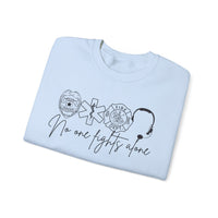 No One Fights Alone, Heroes – Gildan Heavy Blend | Trendy Women’s and Men's Soft Sweatshirt. Direct to Garment. Printed & Shipped in the USA. Unisex Sizes.
