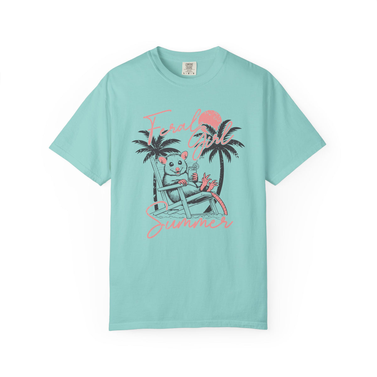 Feral Girl Summer, Possum on a Beach - Comfort Colors | Trendy Women's T-Shirt. Direct to Garment. Printed & Shipped in the USA. Unisex Sizes.