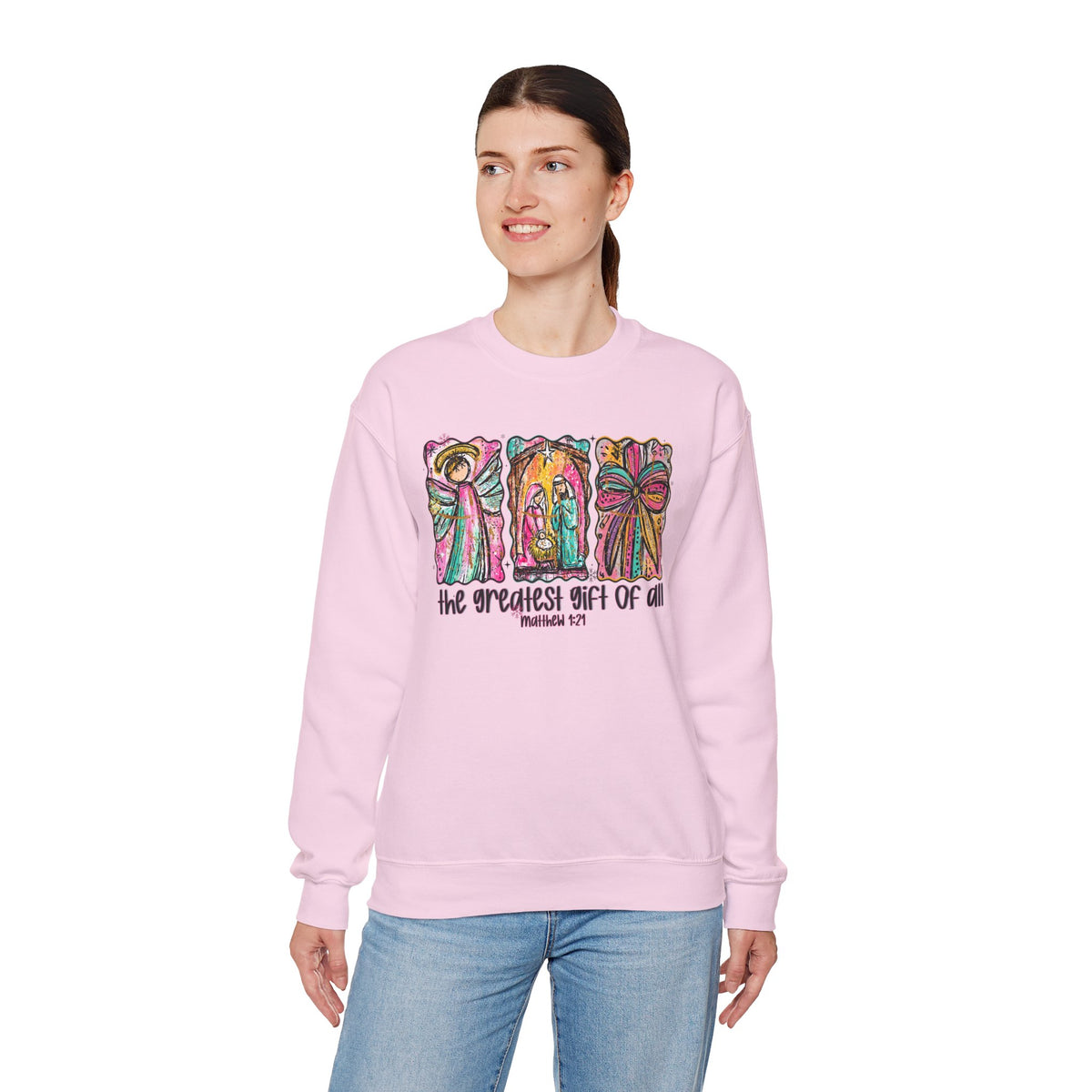 The Greatest Gift of All, Christian Tee - Preppy Watercolor – Gildan Heavy Blend | Trendy Women’s Soft Sweatshirt. Direct to Garment. Printed & Shipped in the USA. Unisex Sizes.