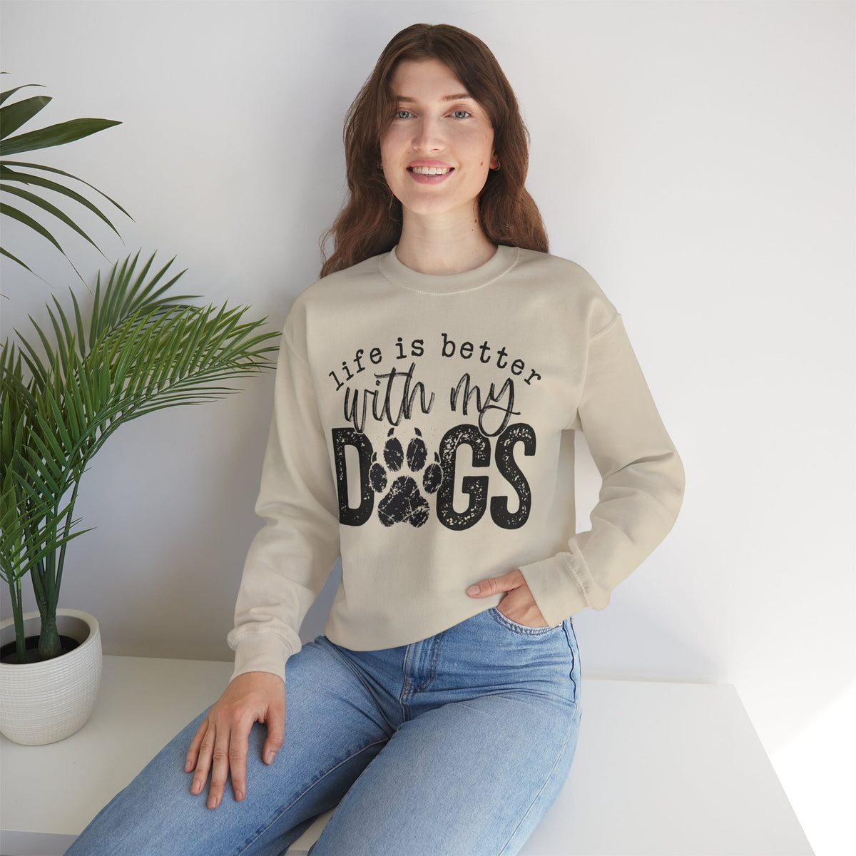 Life Is Better With My Dogs, Distressed – Gildan Heavy Blend | Trendy Women’s and Men's Soft Sweatshirt. Direct to Garment. Printed & Shipped in the USA. Unisex Sizes.