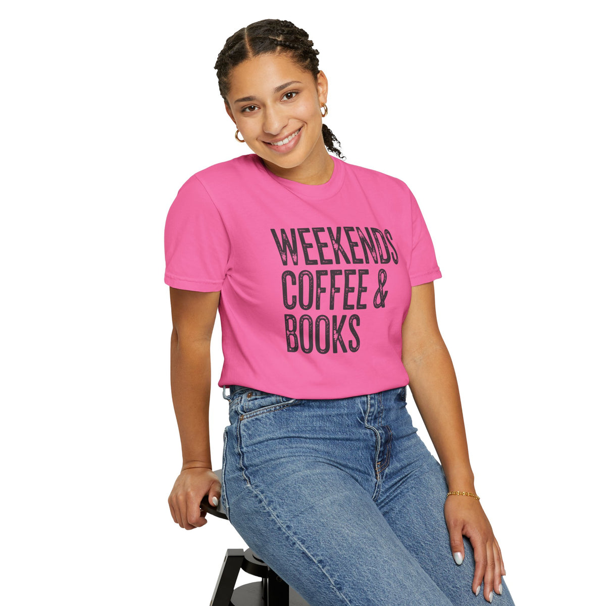 Weekends, Coffee & Books - Comfort Colors | Trendy Women's and Men's T-Shirt. Direct to Garment. Printed & Shipped in the USA. Unisex Sizes.
