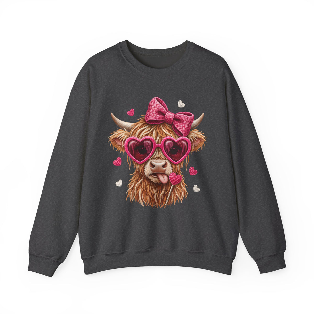 Highland Cow - Pink Heart Shaped Glasses – Gildan Heavy Blend | Trendy Women’s Soft Sweatshirt. Direct to Garment. Printed & Shipped in the USA. Unisex Sizes.