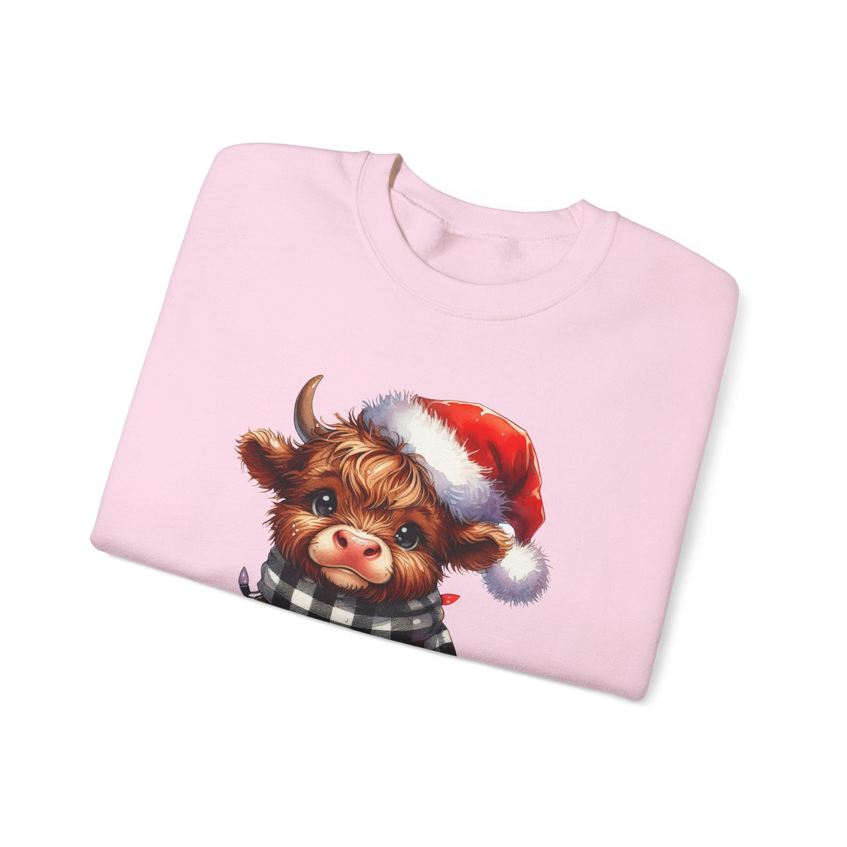 Cute Highland Cow Santa Hat Scarf Christmas Lights – Gildan Heavy Blend | Trendy Women’s Soft Sweatshirt. Direct to Garment. Printed & Shipped in the USA. Unisex Sizes.