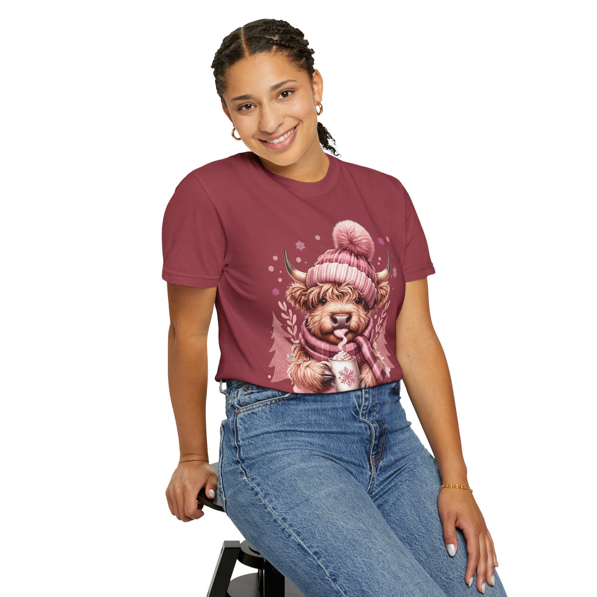 Cozy Highland Cow, Winter Coffee Mug & Scarf - Comfort Colors | Trendy Women's T-Shirt. Direct to Garment. Printed & Shipped in the USA. Unisex Sizes.