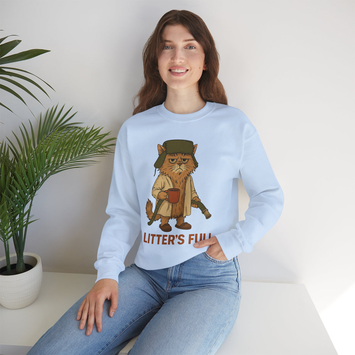 Litter's Full, Funny Cat – Gildan Heavy Blend | Trendy Men's and Women’s Soft Sweatshirt. Direct to Garment. Printed & Shipped in the USA. Unisex Sizes.