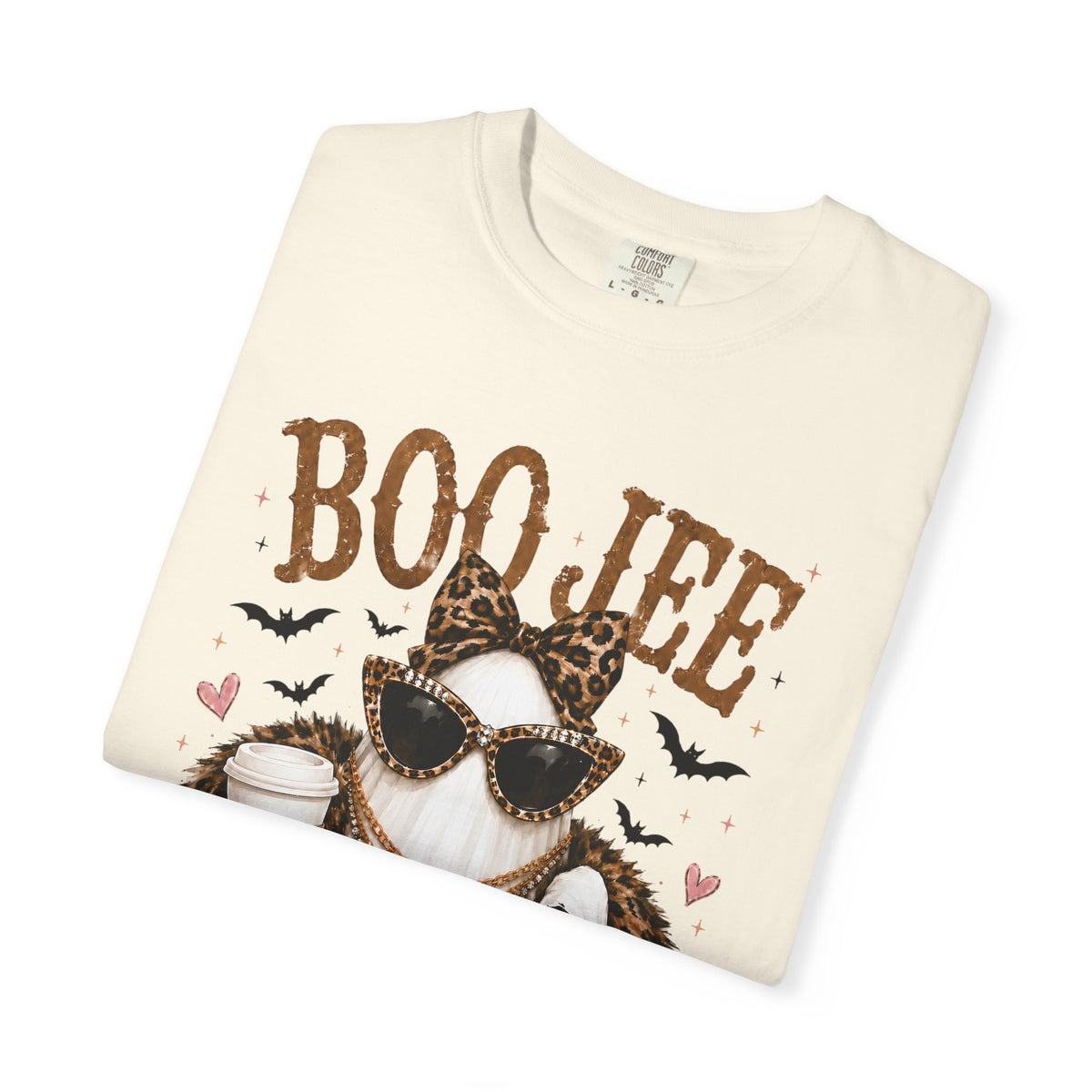 BooJee Ghost with Coffee - Halloween - Comfort Colors | Trendy Women's T-Shirt. Direct to Garment. Printed & Shipped in the USA. Unisex Sizes.