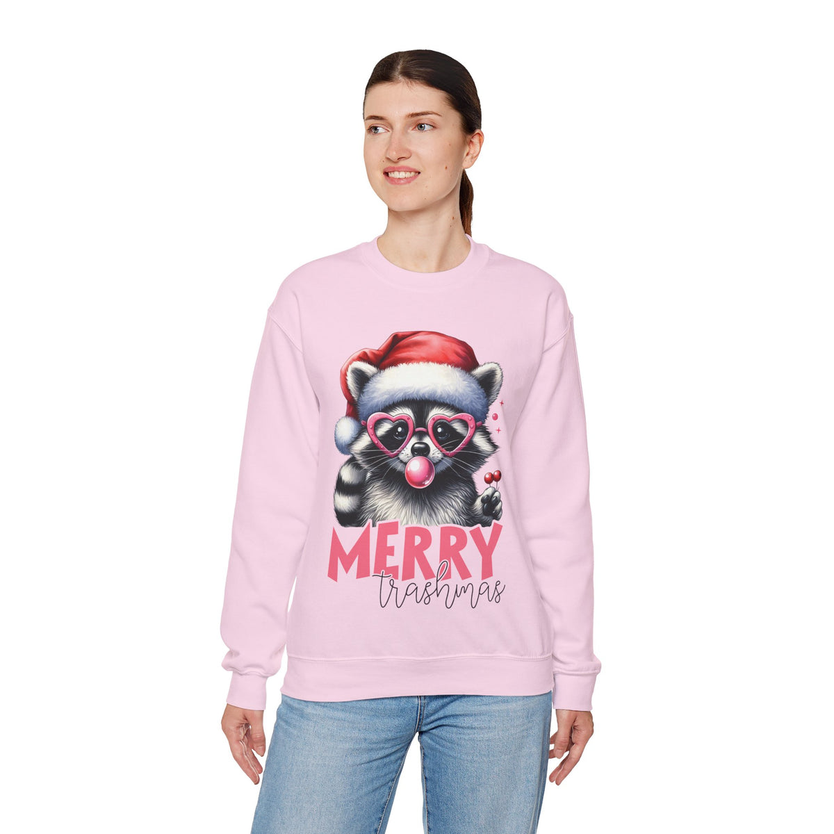 Merry Trashmas Bubblegum Raccoon w/Santa Hat Christmas – Gildan Heavy Blend | Trendy Women’s Soft Sweatshirt. Direct to Garment. Printed & Shipped in the USA. Unisex Sizes.