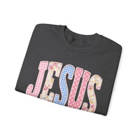 JESUS Pastel Faux Patchwork – Gildan Heavy Blend | Trendy Women’s Soft Sweatshirt. Direct to Garment. Printed & Shipped in the USA. Unisex Sizes.