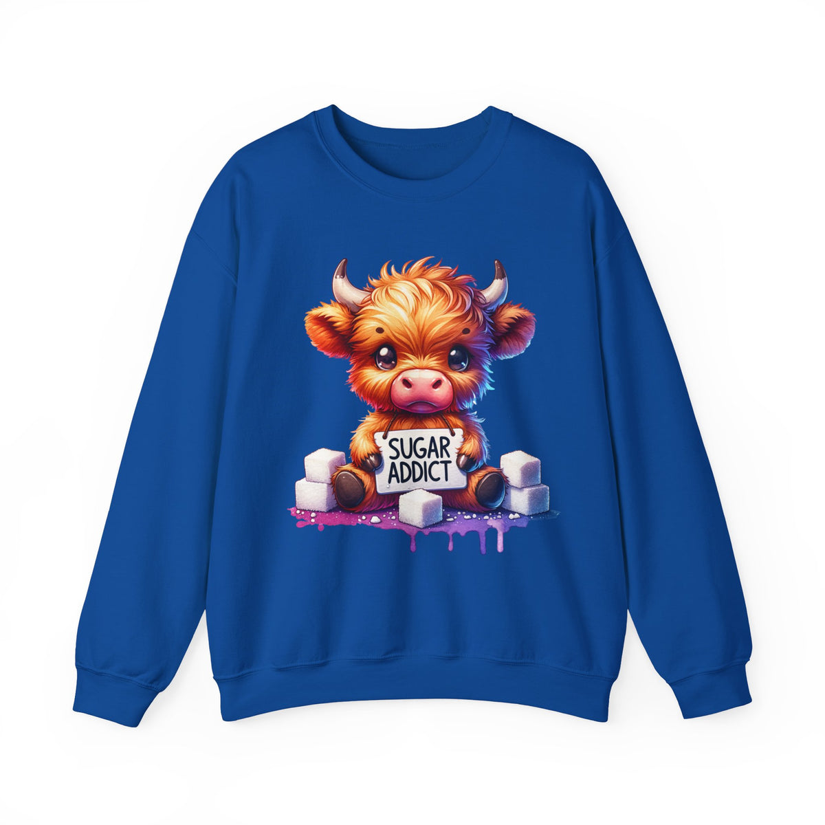 Sugar Addict Highland Cow – Gildan Heavy Blend | Trendy Women’s Soft Sweatshirt. Direct to Garment. Printed & Shipped in the USA. Unisex Sizes.