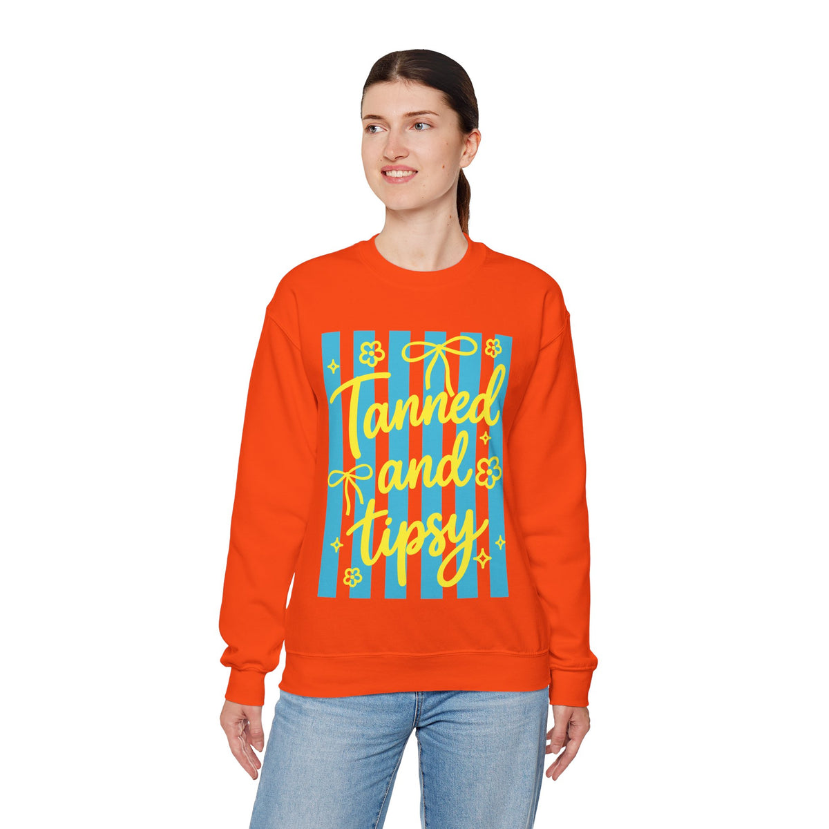 Tanned and Tipsy – Gildan Heavy Blend | Trendy Women’s Soft Sweatshirt. Direct to Garment. Printed & Shipped in the USA. Unisex Sizes.