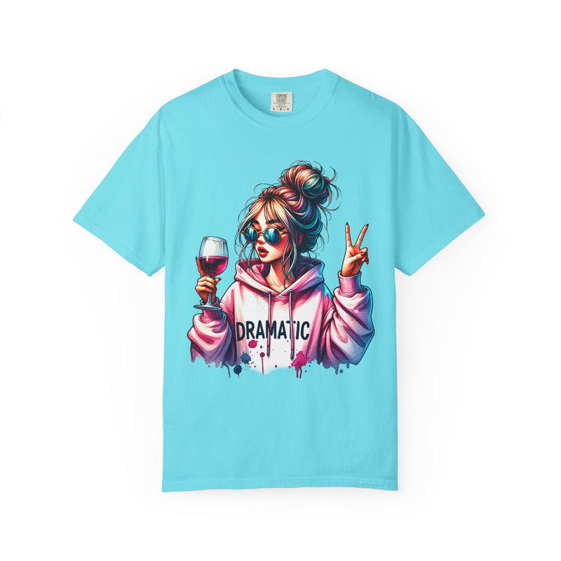 Dramatic Girl With Wine Messy Bun Peace Sign  - Comfort Colors | Trendy Women's T-Shirt. Direct to Garment. Printed & Shipped in the USA. Unisex Sizes.