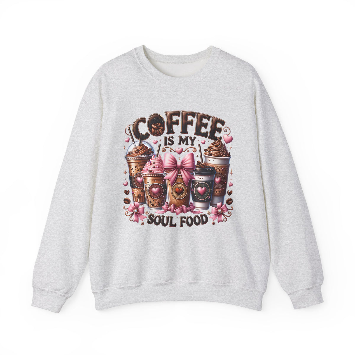 Coffee Is My Soul Food, Iced Coffee, Pink Bow – Gildan Heavy Blend | Trendy Women’s Soft Sweatshirt. Direct to Garment. Printed & Shipped in the USA. Unisex Sizes.