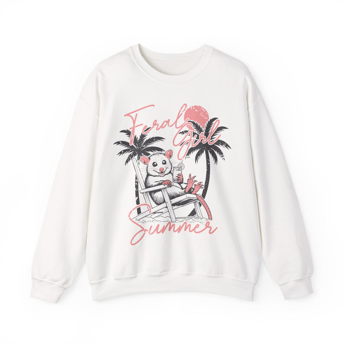 Feral Girl Summer, Possum on a Beach – Gildan Heavy Blend | Trendy Women’s Soft Sweatshirt. Direct to Garment. Printed & Shipped in the USA. Unisex Sizes.