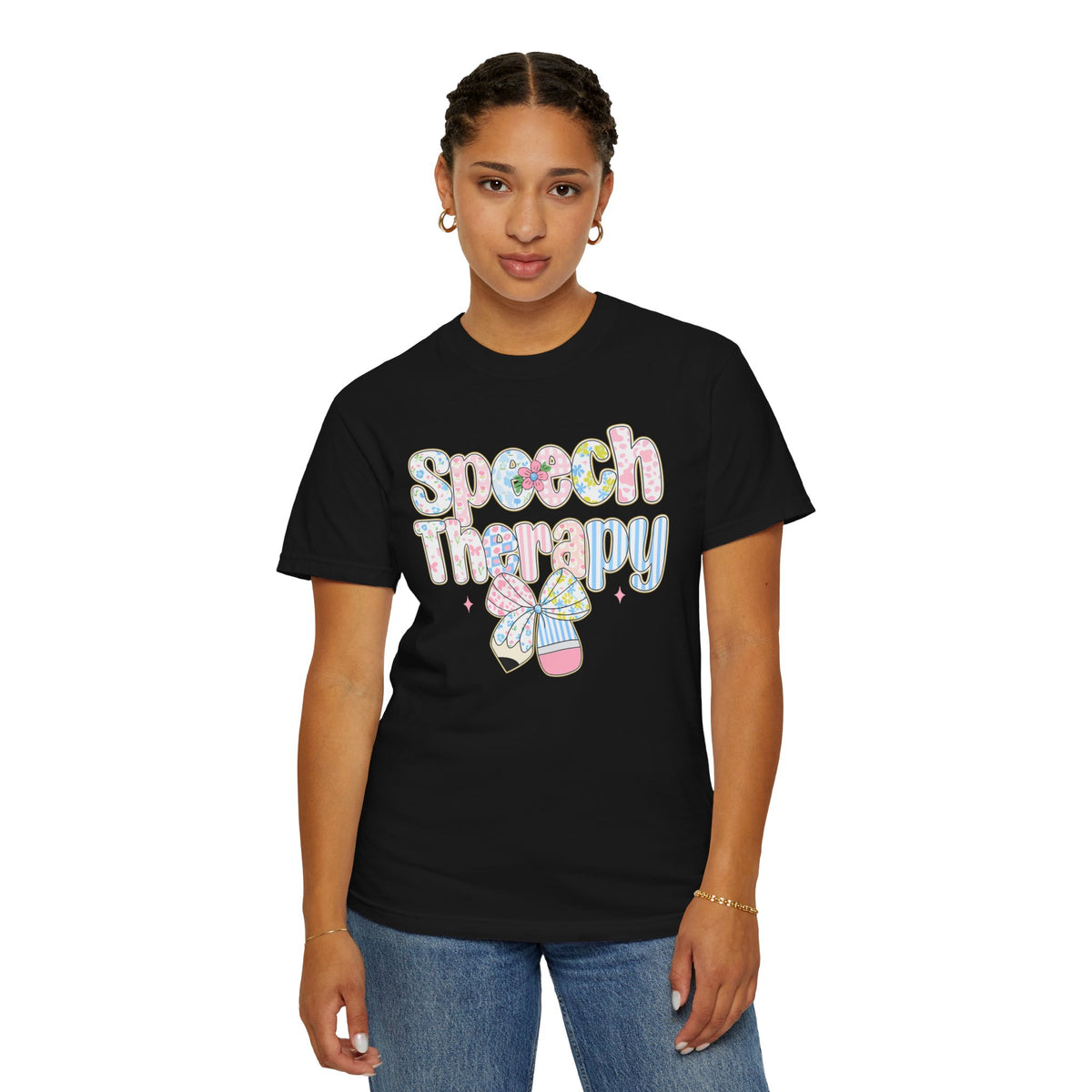 Speech Therapy - Pink Blue Coquette - Comfort Colors | Trendy Women's T-Shirt. Direct to Garment. Printed & Shipped in the USA. Unisex Sizes.