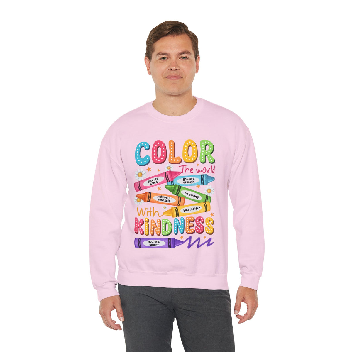 Color the World With Kindness Crayons, Great Teacher Gift – Gildan Heavy Blend | Trendy Women’s and Men's Soft Sweatshirt. Direct to Garment. Printed & Shipped in the USA. Unisex Sizes.