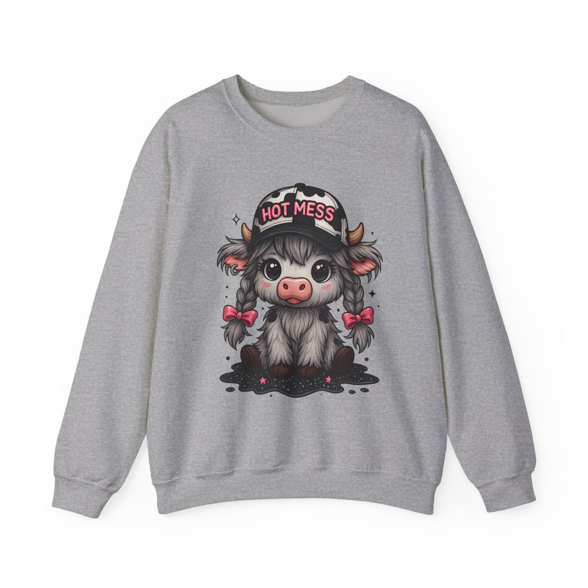 Cute Highland Cow 'Hot Mess' In Braids – Gildan Heavy Blend | Trendy Women’s Soft Sweatshirt. Direct to Garment. Printed & Shipped in the USA. Unisex Sizes.